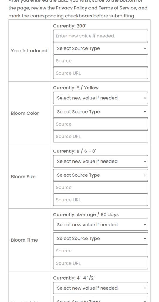Screenshot of contribute data form for a dahlia.
